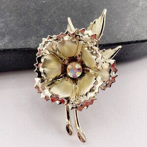 VINTAGE Silver tone metal AB rhinestone flower brooch 1950s 1960s statement pin